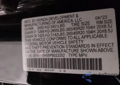 2023 Honda Passport Awd Ex-L из США, поврежденный, VIN 5FNYF8H55PB022202